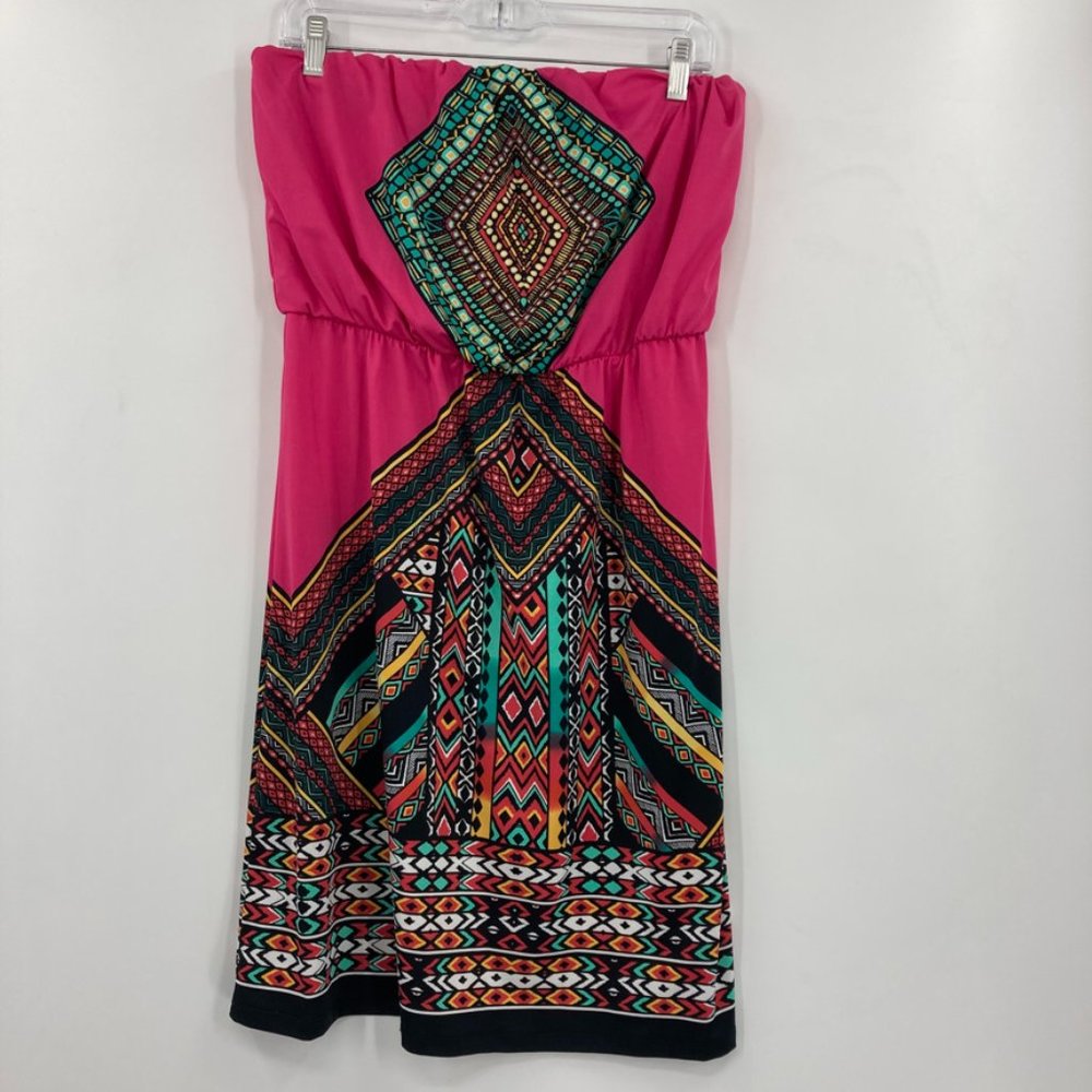 Bongo Boho Strapless Pink Tribal Print Mini Dress